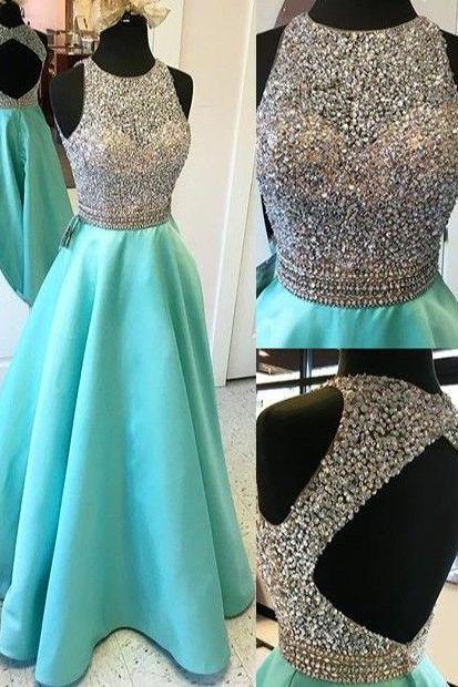 Luxurious A-line Beaded Scoop Long Prom Dress ,sexy Open Back Prom Dresses