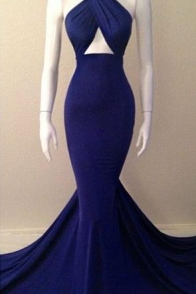 2016 Blue Halter Neck Mermaid Evening Gowns Sexy Simple Long Prom Dresses