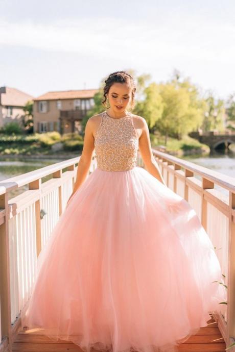 Tulle Prom Dresses,Princess Prom Dress,Ball Gown Prom Gown,Pink Prom Gown,Elegant Evening Dress,Tulle Evening Gowns,2016 Party Gowns With Beadings