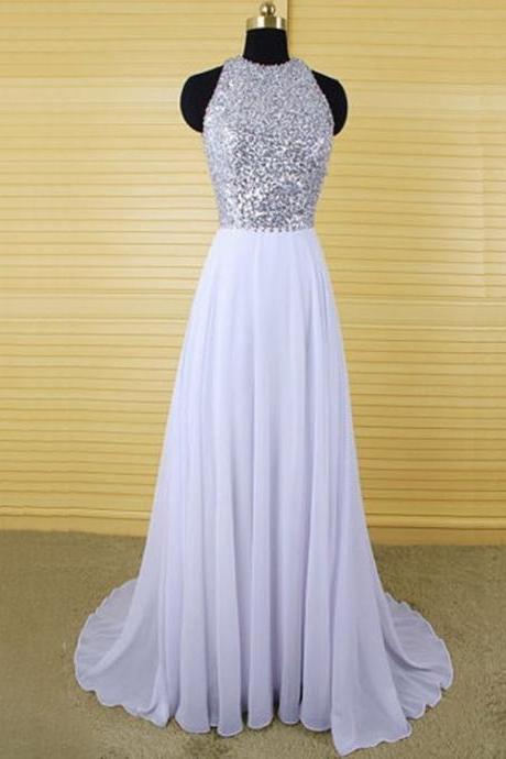 2016 Custom Lilac Chiffon Prom Dress,halter Lace Evening Dress With Beads