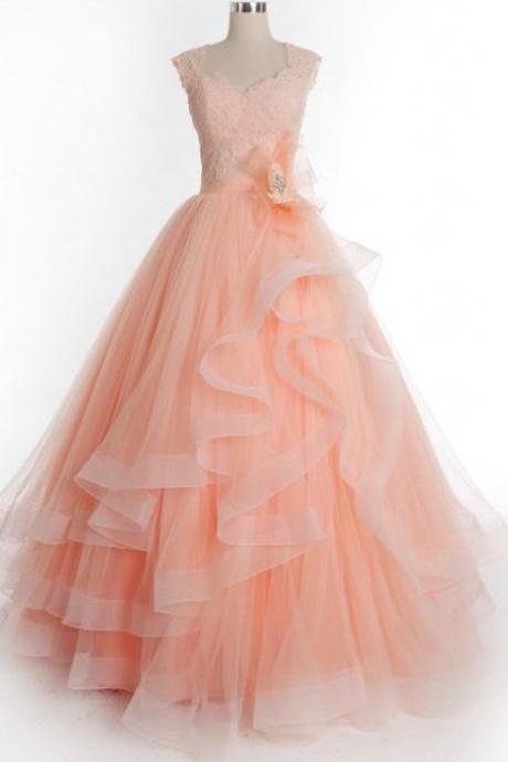 Prom Dresses Charming Long Tiered Tulle Appliques Party Dresses With Lace & Flowers