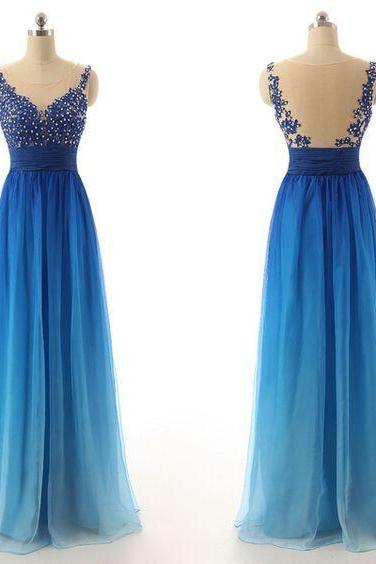 Charming O-neck Prom Dresses,noble Prom Dresses,chiffon Prom Dresses,gradient Color Evening Dresses,see Through Backless Prom Dresses