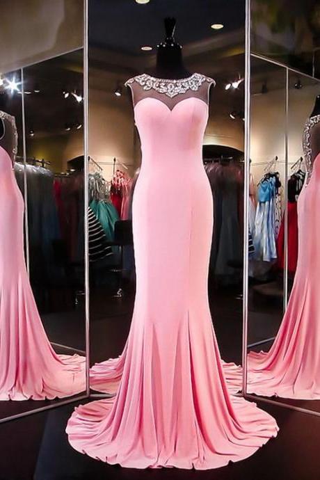 2016 Custom Charming Pink Sheath Prom Dress,beading See Through Evening Dress