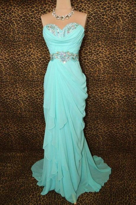 Elegant Blue Long Chiffon Sweetheart Prom Dresses 2015, Prom Dresses 2015, Prom Gown, Custom-made Prom Dress, Evening Gown