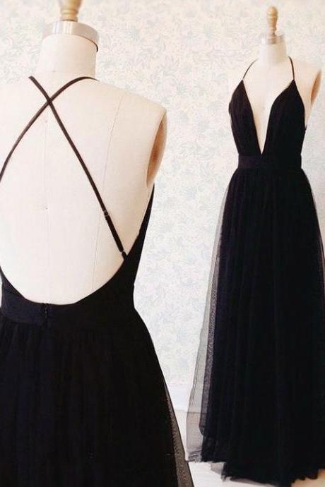 Black Deep V-neck Tulle Long Prom Dresses,evening Dress,formal Dress From Formal Dress