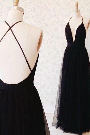 2016 Custom Sexy Black Prom Dress,deep V-neck Evening Dress,open Back Prom Dress