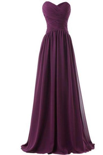 Simple Purple Chiffon Sweetheart Long Bridesmaid Dresses 2016, Simple Party Dresses, Prom Gowns