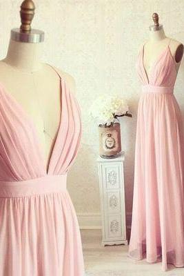 Pink Long Chiffon Prom Dresses,simple A Line V-neck Long Prom Dresses,evening Dresses