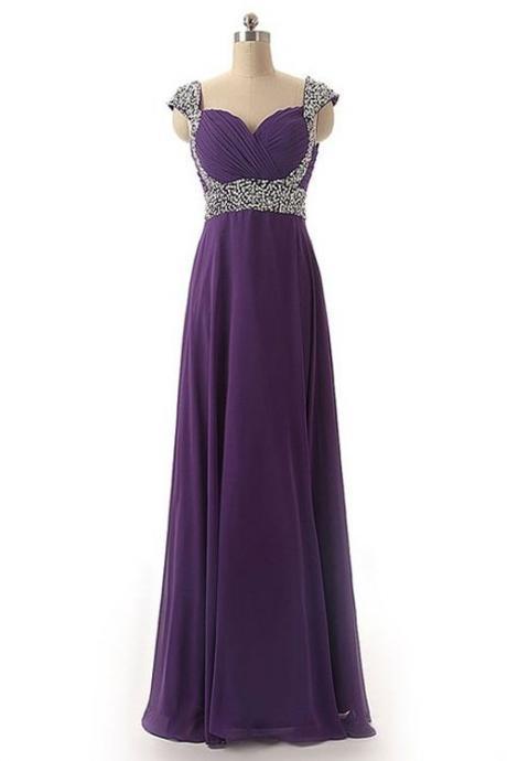 Charming Beading Long Prom Dress,long Purple Evening Dress,sleeveless Prom Dress