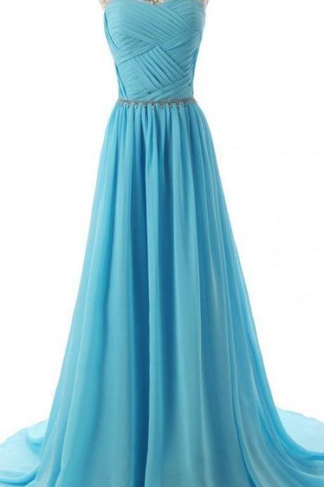 2016 Custom Grace Blue Chiffon Prom Dress,beading Evening Dress,sleeveless Prom Dress