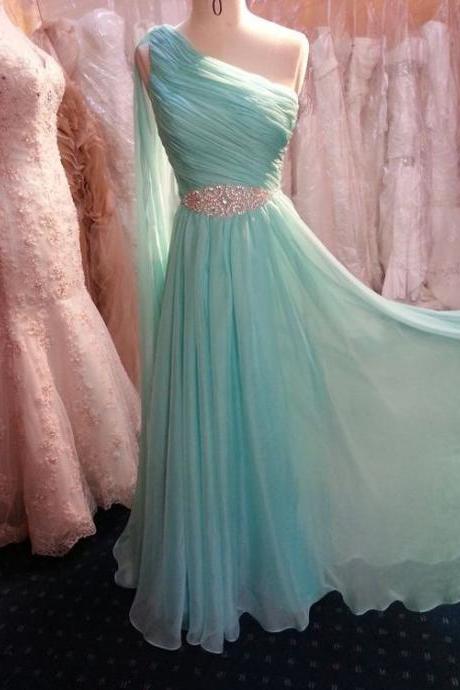 2016 Custom Charming Light Blue Chiffon Prom Dress,sexy One Shoulder Evening Dress,beading Prom Dress