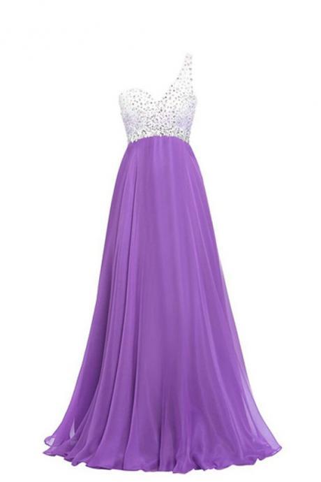 2016 Custom Charming Purple Prom Dress,chiffon Beading Evening Dress,one Shoulder Prom Dress
