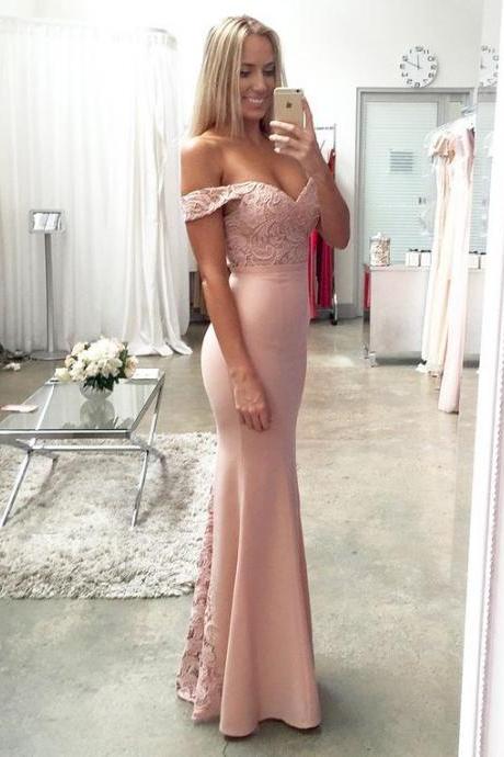 Sexy Prom Dress,Pink Lace Prom Dress,Off the Shoulder Prom Dress,Pink Graduation Dress,Formal Dress,Long Evneing Dress,Charming Evening Gowns,