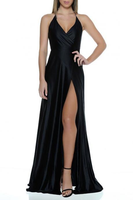 2022 Custom Charming Black Prom Dress,Sexy Spaghetti Straps Slit Evening Dress