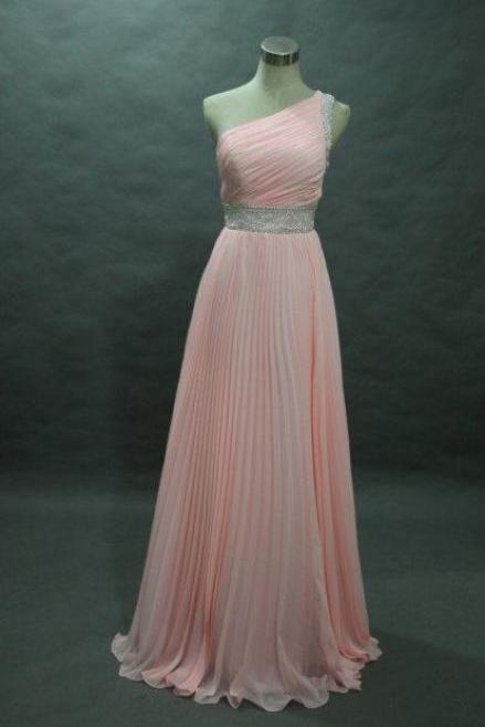 2016 Custom Charming Pink Chiffon Prom Dress,sexy One Shoulder Evening Dress,beading Prom Dress