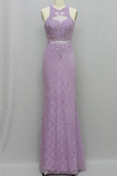 Elegant Floor-length Sheath Lilac Lace Homecoming Dress With Appliques Beading Open Back
