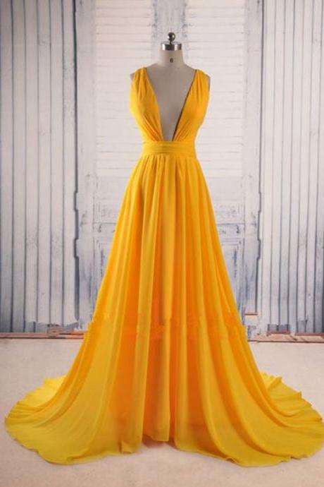 2016 Custom Charming Yellow Chiffon Prom Dress,sexy Deep V-neck Evening Dress,sexy Open Back Prom Dress