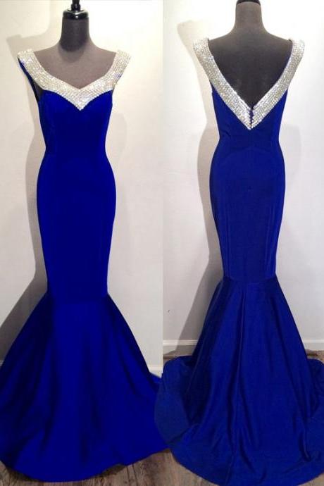 2016 Custom Charming Royal Blue Prom Dress, Sexy Sleeveless Evening Dress,Shining Beading Prom Dress