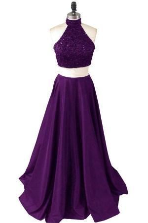 2 Pieces Beaded Prom Dress, Two Pieces Long Beaded Purple Prom Dresses 2016 Evening Gowns