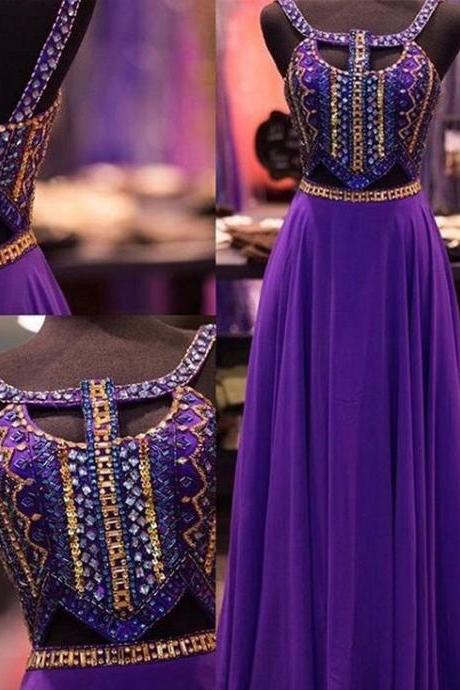 2016 Custom Charming Purple Chiffon Prom Dress,halter Beading Evening Dress