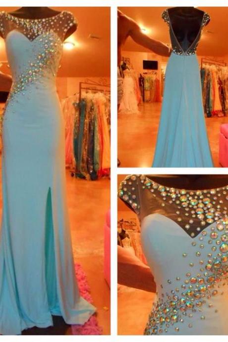 Modern Scoop Beading Prom Dress,long Blue Backless Mermaid Prom Dress