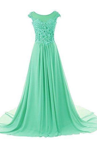 Cap Sleeve A-line Chiffon Lace Evening Dress Prom Gown Long Emerald Green Dress