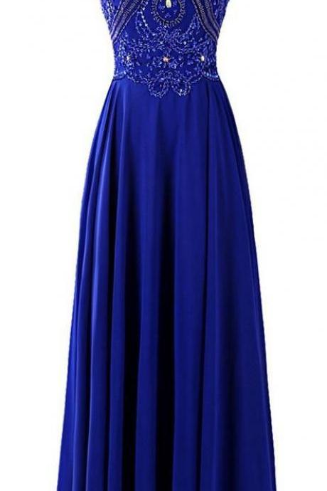 2016 Custom Charming Royal Blue Prom Dress, Sexy Halter Evening Dress, Shining Beading Prom Dress