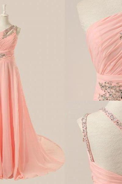 2016 Custom Charming Chiffon Pink Prom Dress,one Shoulder Beading Evening Dress