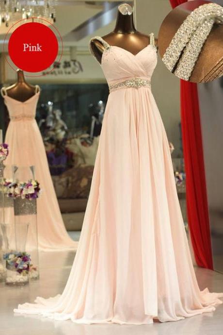 2016 Custom V Neck Chiffon Long Sleeve Prom Dress, With Shining Straps Formal Evening Dress ,bridesmaid Dress