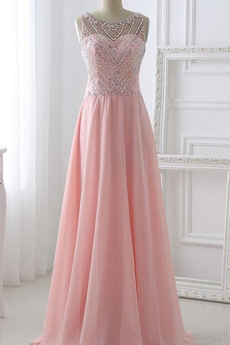 2017 Custom Charming Pink Chiffon Prom Dress,beading Evening Dress,sleeveless Prom Dress