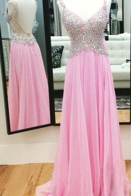 2017 Custom Pink Chiffon Prom Dress,beading Sleeveless Evening Dress,sexy Backless Prom Dress