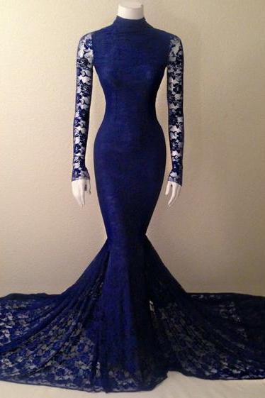 2017 Custom Charming Royal Blue Prom Dress,lace Evening Dress, Long Sleeves Prom Dress