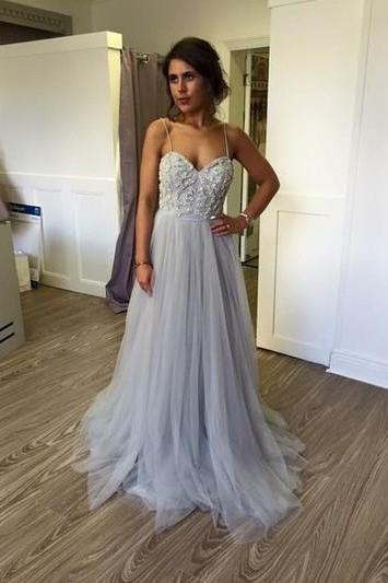 2017 Custom Charming Tulle Prom Dress,Sexy Spaghetti Straps Evening Dress,Beading Prom Dress