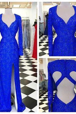 2017 Custom Newest Blue Lace Prom Dress,v-neck Prom Dress,long Sleeves Prom Dress,sexy Slit Evening Dress ,cross Back Prom Dress
