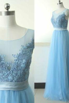 2017 Custom Elegant Blue Prom Dress,o-neck Prom Dress,appliques Prom Dress,see Through Evening Dress