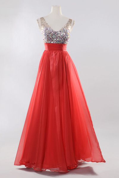 2017 Custom Charming Red Chiffon Prom Dress,v-neck Prom Dress,beading Prom Dress, Sleeveless Evening Dress