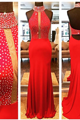 2017 Custom Sexy Red Prom Dress,halter Prom Dress,beading Prom Dress,backless Evening Dress