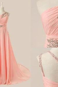 2017 Custom Charming Pink Chiffon Prom Dress,one-shoulder Prom Dress, Backless Evening Dress