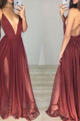 2017 Custom Charming Chiffon Prom Dress,Sexy Spaghetti Straps Evening Dress,Deep V-Neck Prom Dress