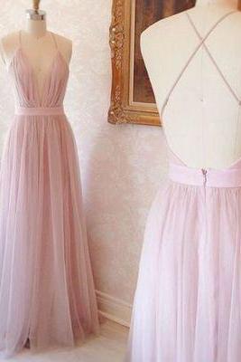 2017 Custom Made Pretty Pink V-neck Tulle Prom Dress,evening Dress,formal Dresses