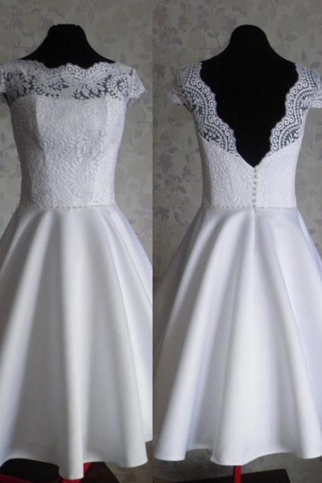 2017 Custom Made Charming White Wedding Dress,Short Sleeves Lace Bridal Dress,Sexy Backless Wedding Dress