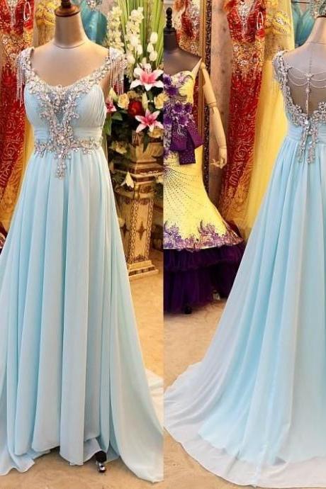 2017 Custom Made Charming Beading Prom Dress,chiffon Prom Dress,a-line Prom Dress,v-neck Rom Dress,crystal Prom Dress