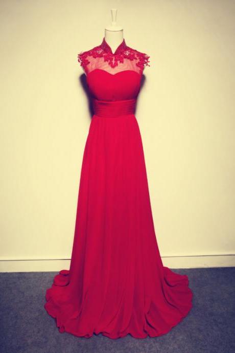 2017 Custom Made High Neck Red Evening Dress,appliques Evening Dress,a-line Beading Evening Dress