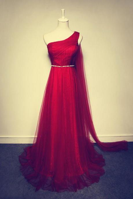 2017 Custom Made Charming One-shoulder Beading Prom Dress,charming Red Prom Dress,tulle Prom Dress,a-line Lace Prom Dress