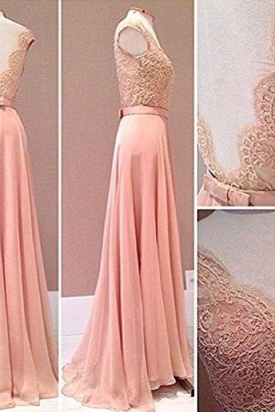 2017 Custom Made Charming Pink Chiffon Prom Dress,lace Evening Dress,sexy Backless Prom Dress