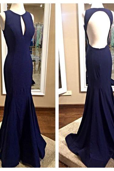 2017 Custom Made Charming Dark Blue Prom Dress,sleeveless Evening Dress, Sexy Backless Prom Dress