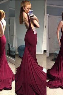 2017 Custom Made Charming Burgundy Prom Dress,Sexy Sleeveless Evening Dress,Sexy Backless Prom Dress