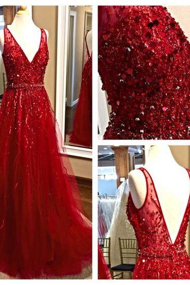 2017 Custom Made Charming Red Prom Dress, Sexy Beading Evening Dress,v-neck Prom Dress