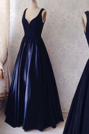 2017 Custom Made Charming Navy Simple Prom Dresses, Satin Prom Dress, Sexy V-neck Prom Gown, Elegant Lace Prom Dress