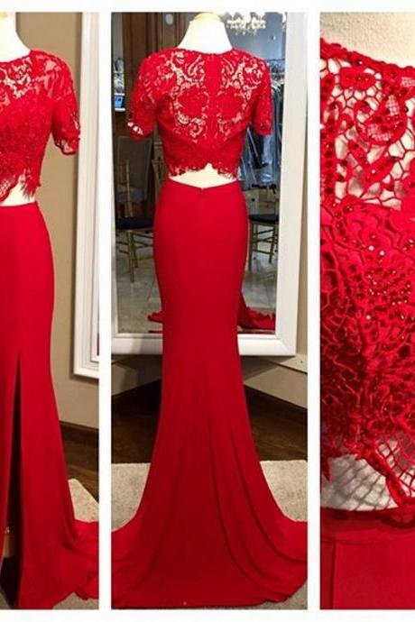 2017 Custom Made Charming Red Two Pieces Prom Dresses, Red Lace Beading Prom Dress,sexy Side Slit Prom Dress